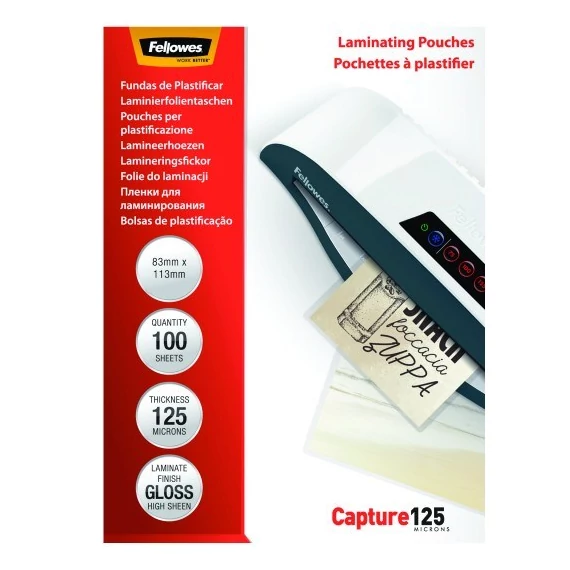 Lamináló fólia FELLOWES 83x113 mm 125 mikron fényes 100/csom
