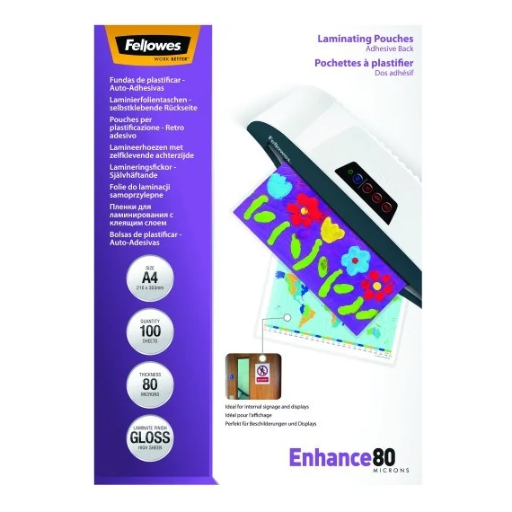 Lamináló fólia FELLOWES A/4 80 mikron fényes öntapadó 100/csom