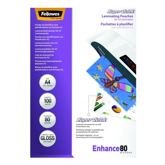 Lamináló fólia FELLOWES A/4 SuperQuick 80 mikron fényes 100/csom