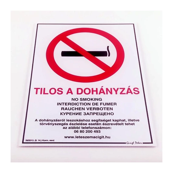 Matrica Tilos a dohányzás! fehér többnyelvű A/4 új