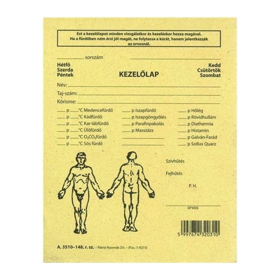 Nyomtatvány fizikoterápia kezelőlap PÁTRIA 118x150mm