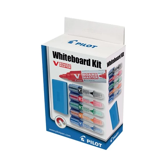 Táblamarker PILOT V-Board Master kerek 5 darabos készlet tartóval és mágneses törlővel